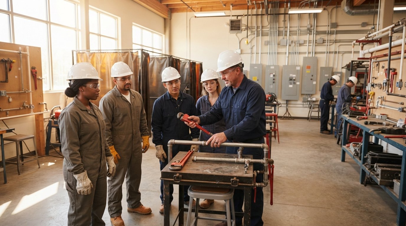 Adult students in hard hats and safety glasses practice pipefitting while an instructor demonstrates in a bright workshop…