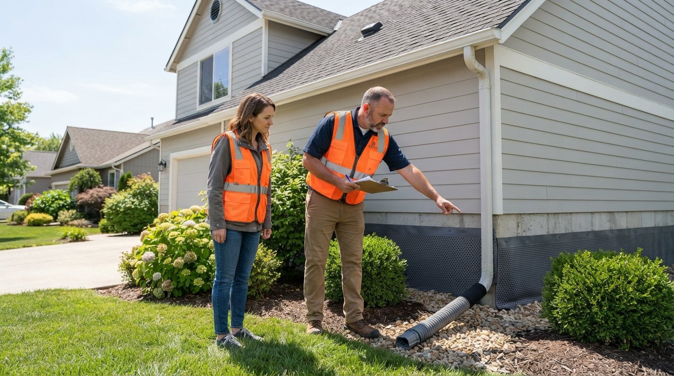 Inspector with clipboard points out a downspout extension and waterproofing membrane along a home's foundation while a…