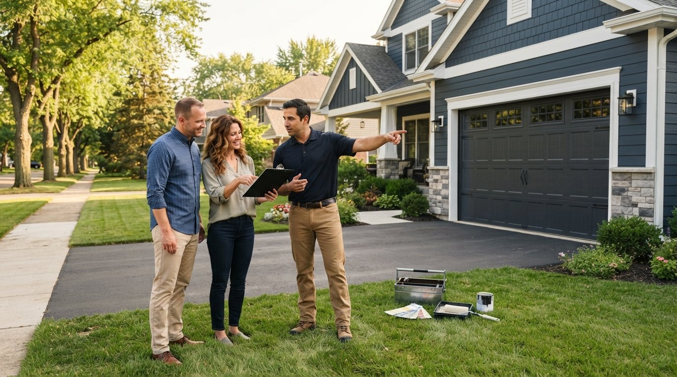 Homeowner couple and contractor with clipboard on front lawn, pointing toward new garage door and freshly painted trim,…