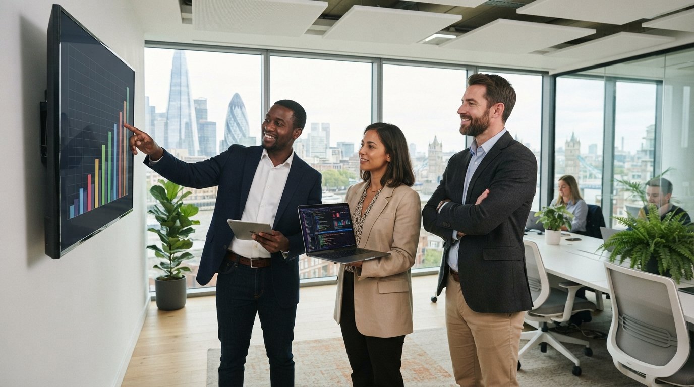Three professionals in smart-casual attire view a rising bar graph on a wall monitor in a bright London office with city…