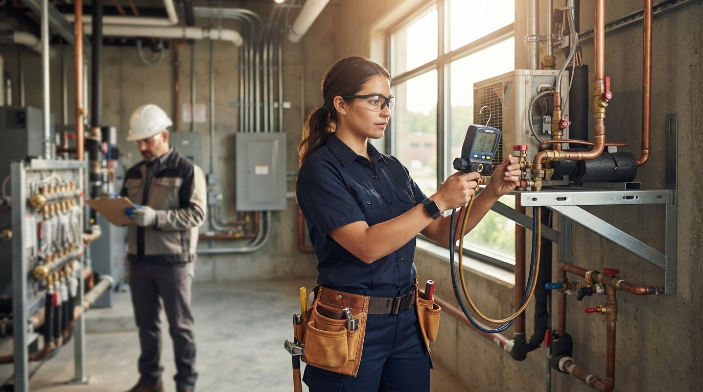 Tradesperson in navy uniform and safety glasses uses a digital manifold gauge on a wall-mounted HVAC unit while a coworker…
