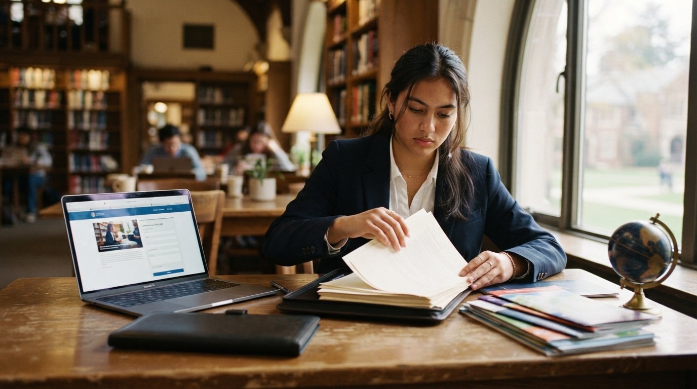 Teen in navy blazer at a wooden desk in a sunlit library, arranging application essays beside a laptop and college brochures