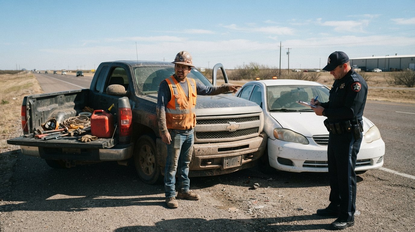 Construction worker in orange vest beside his pickup truck at a minor collision on a Texas highway, with a police officer…
