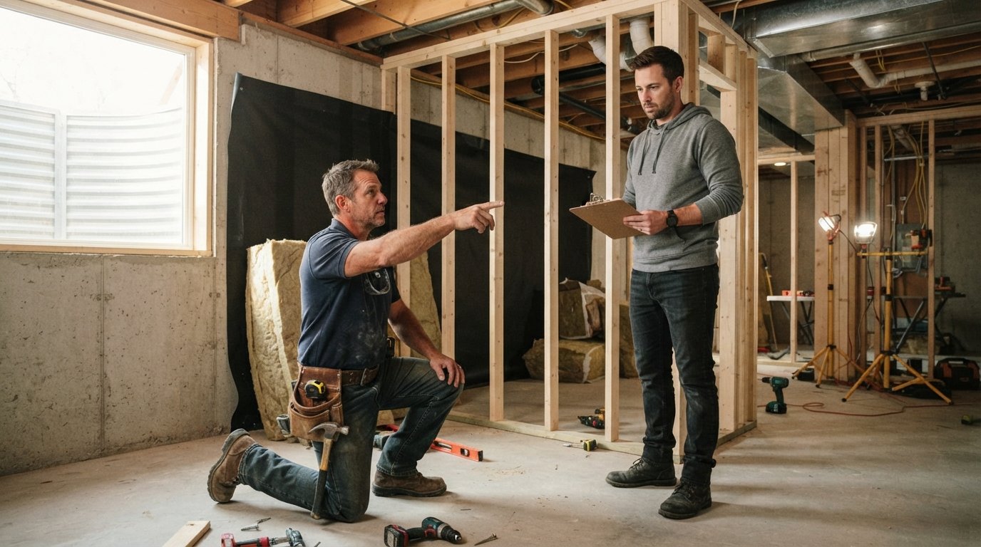 Contractor in navy polo and tool belt kneels by concrete foundation wall, pointing to framed studs with moisture barrier as…