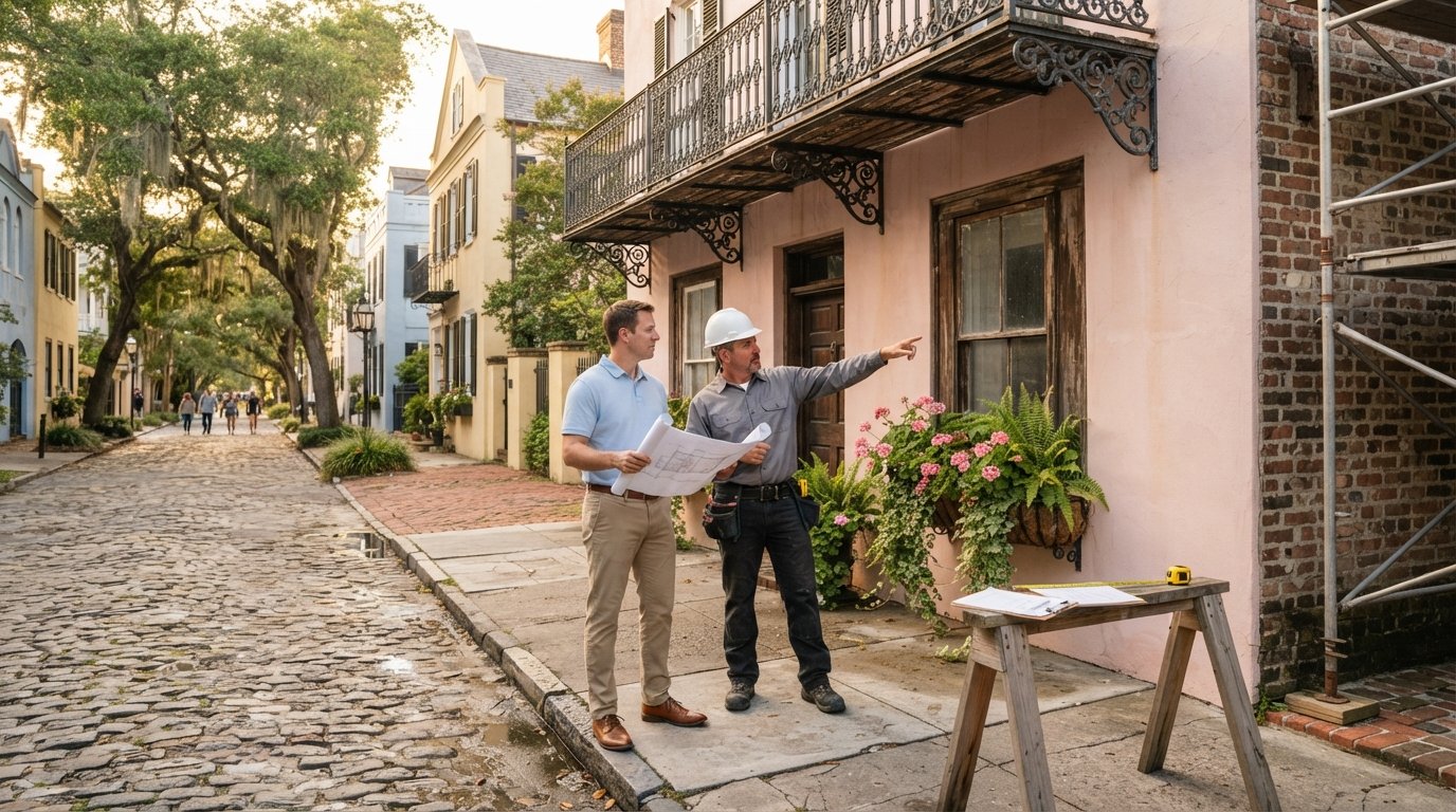 Homeowner holding rolled blueprints and a contractor in a hard hat pointing at a weathered wooden window frame on a pastel…