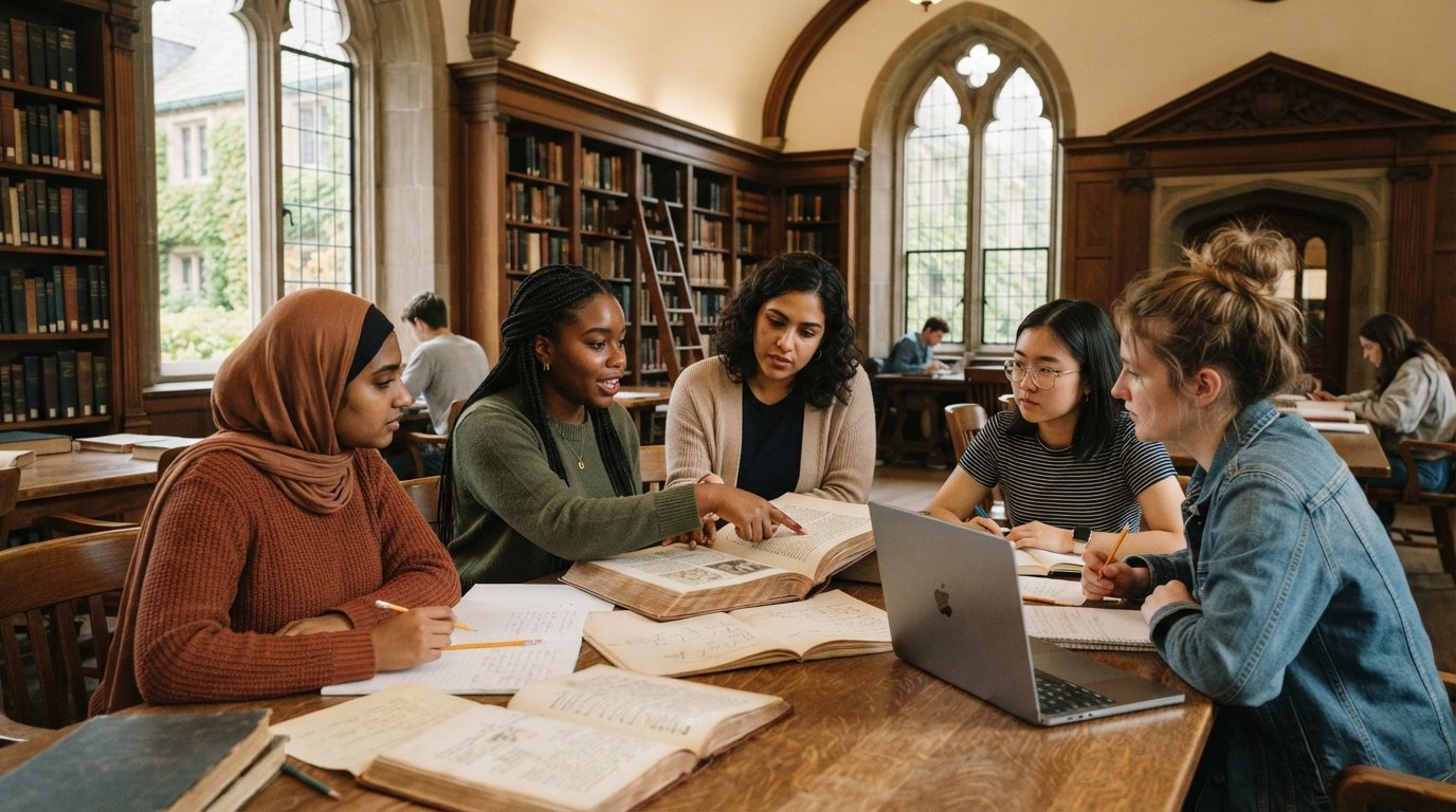 Four students seated around an oak table in a sunlit library reading room, discussing open books, archival papers, and a…