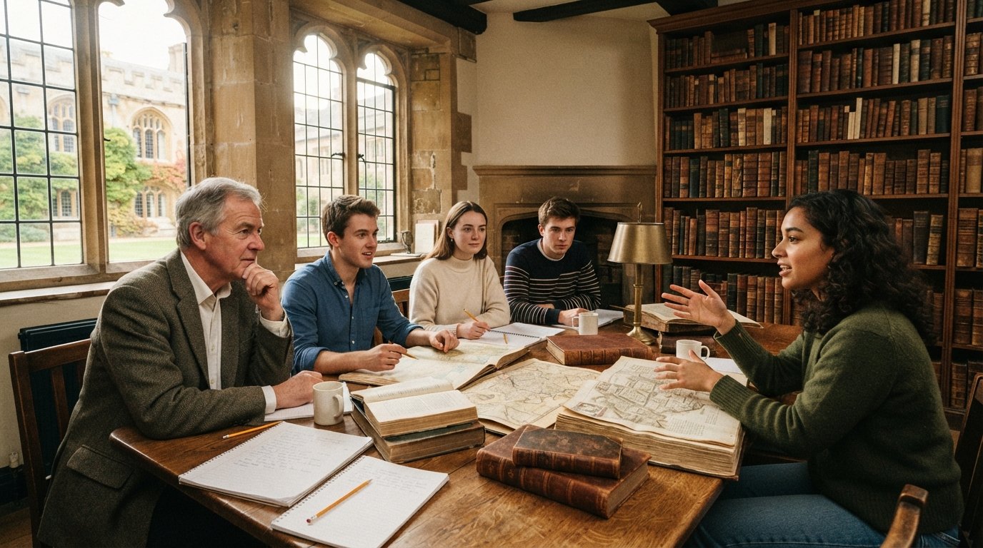 Four students discuss open history books and aged maps around a wooden table in a sunlit seminar room as a professor listens