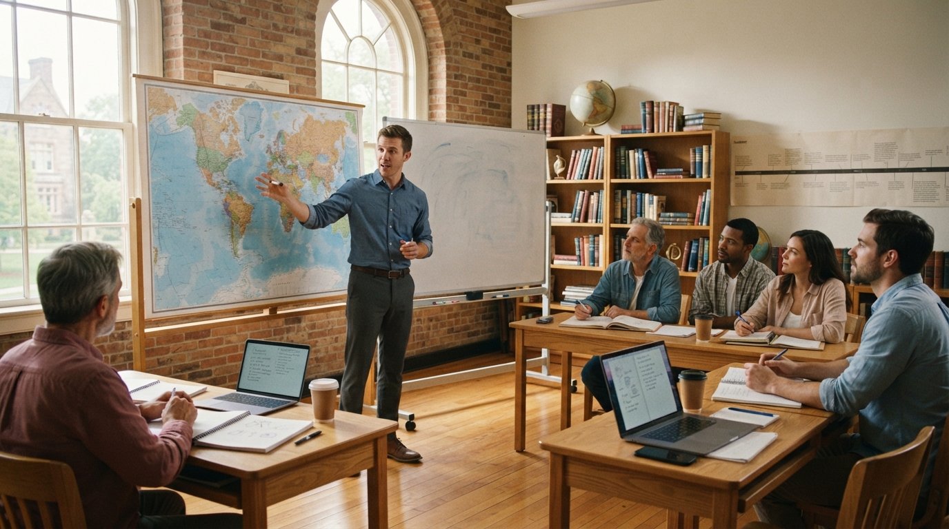 Student teacher in button-down shirt gestures beside a world map and whiteboard while college peers take notes in a sunlit…