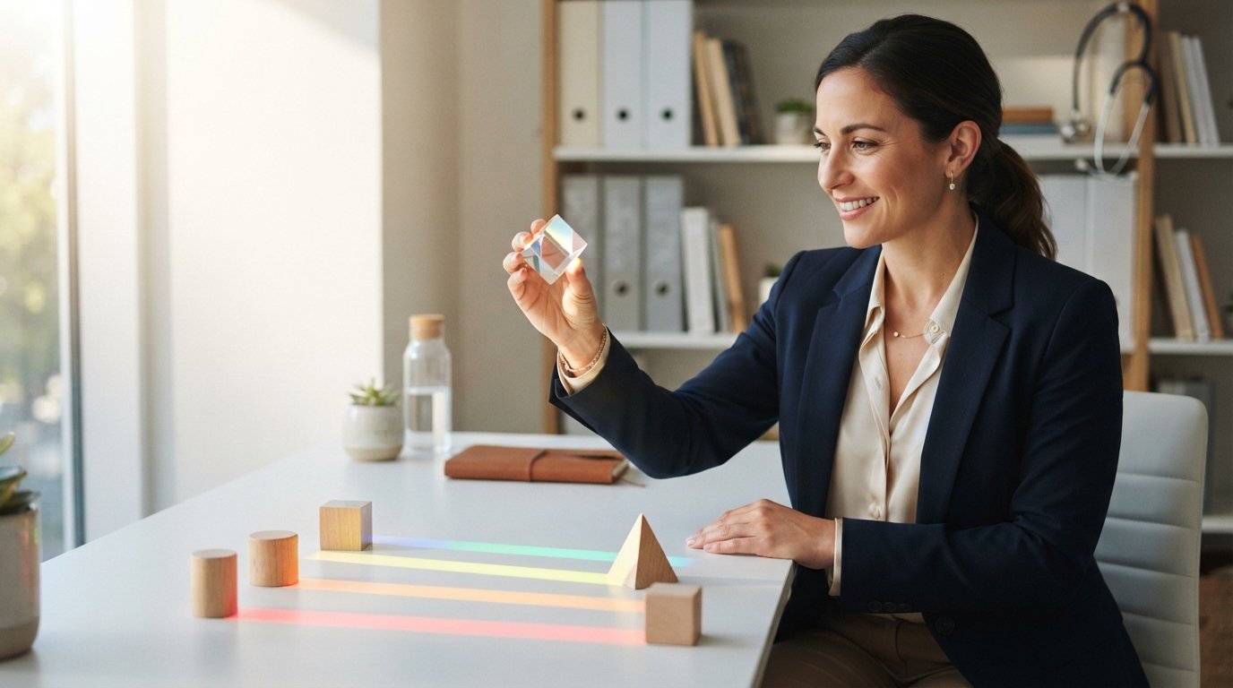 Woman at a desk holding a prism that splits light into four colored paths toward wooden blocks, with binders and a…