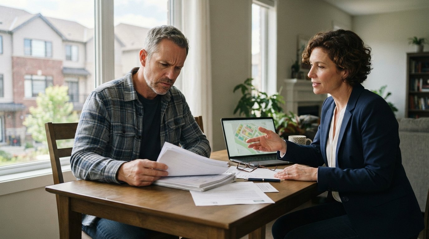 Homeowner reviewing HOA documents and a fine notice at a dining table with an attorney