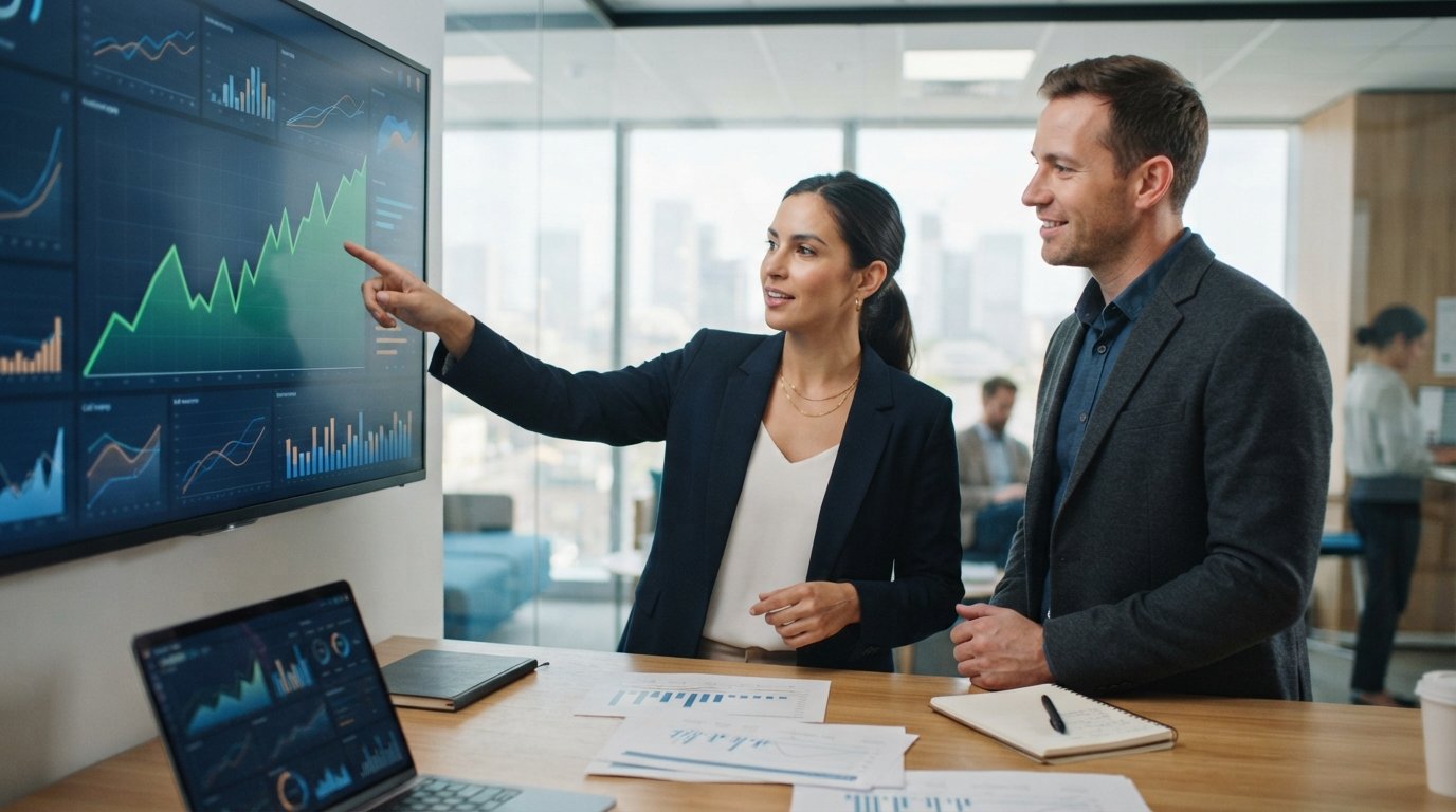 Two marketing professionals in a bright office review a shared dashboard, one pointing at a rising graph while the other…
