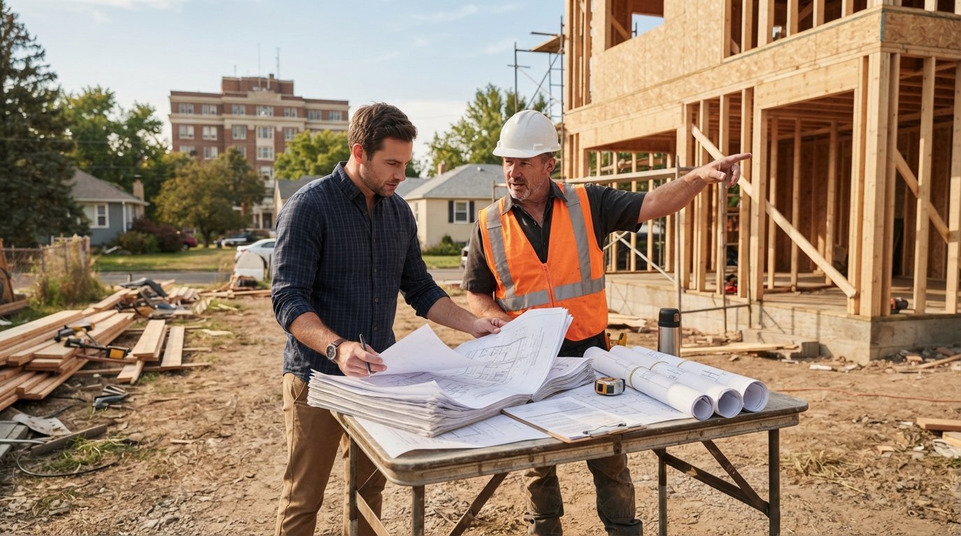 Homeowner reviews blueprints at a folding table beside a half-built wood-framed addition while a contractor in a hard hat…