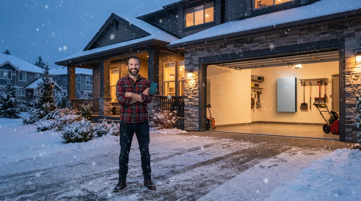 Wall-mounted home battery unit with a glowing blue LED inside a bright garage, while a smiling man in a flannel shirt holds…