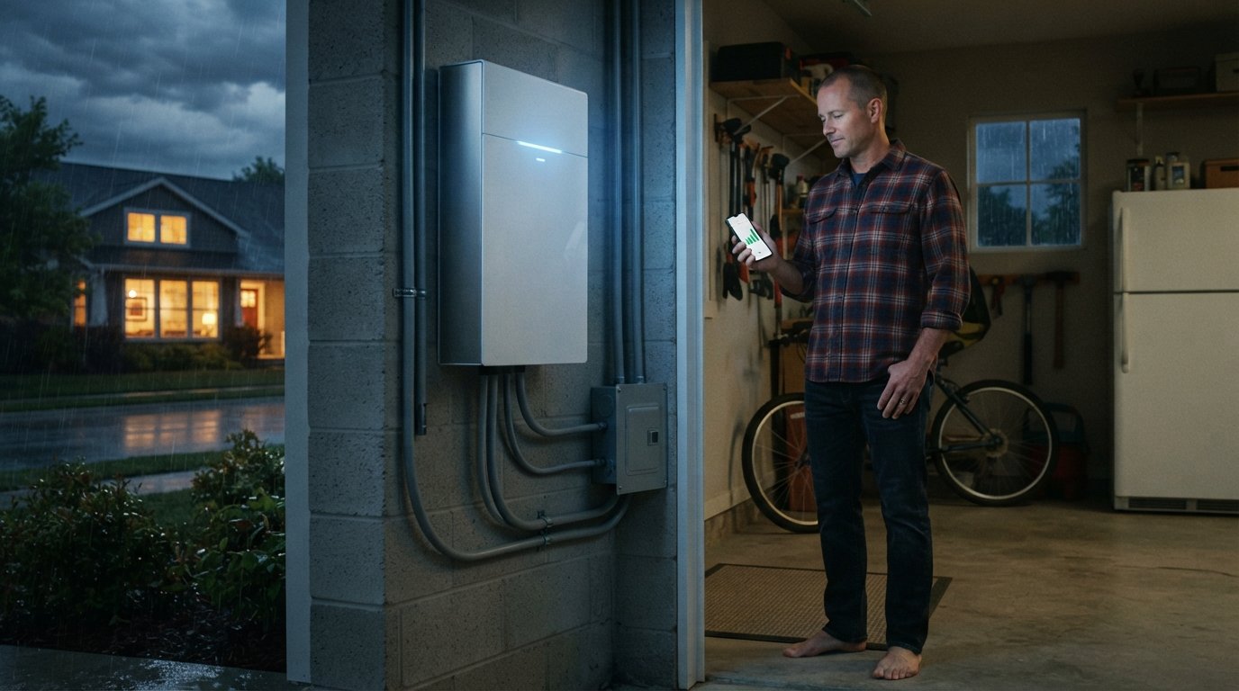 White wall-mounted home battery unit in a garage, with a man in a flannel shirt checking a smartphone showing battery status