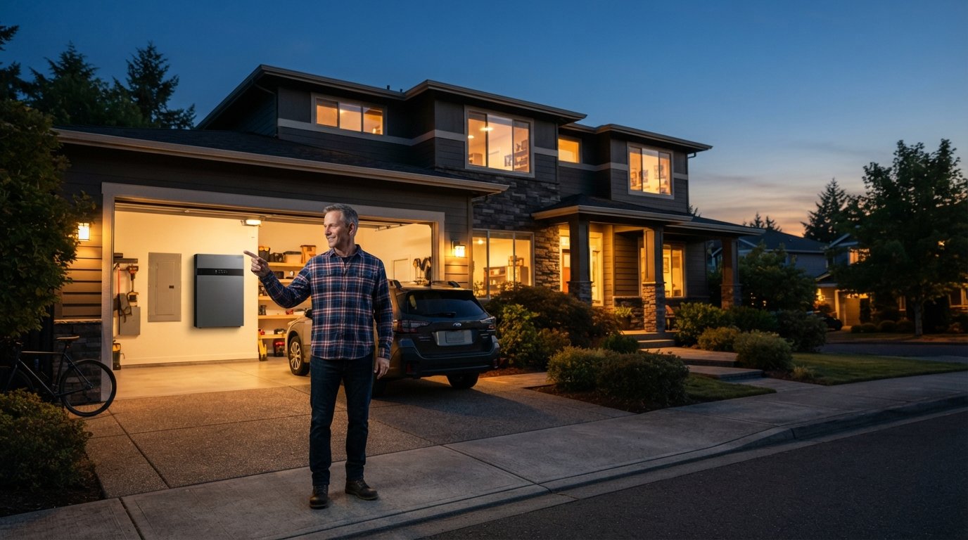 Man in plaid shirt pointing to a wall-mounted lithium-ion battery unit in a home garage at dusk