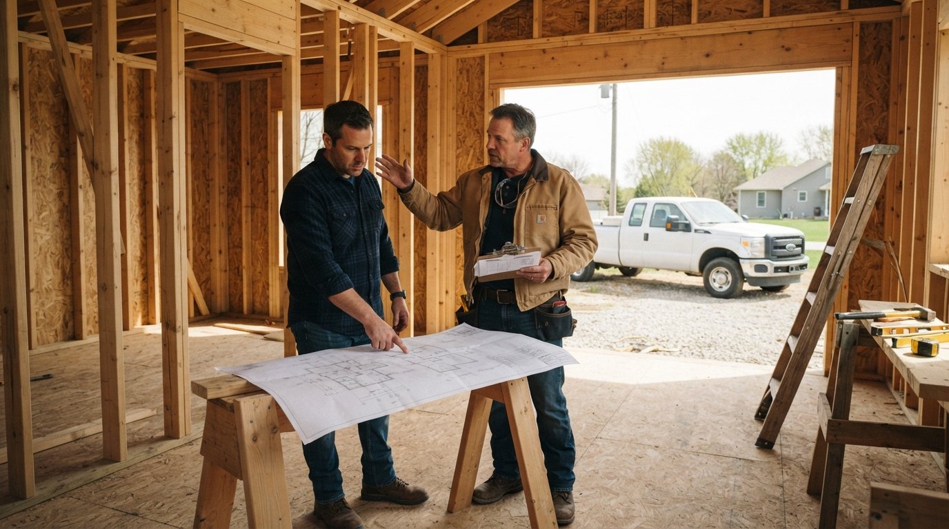Homeowner and builder in work clothes reviewing blueprints and paperwork beside lumber studs in a partially built Iowa…