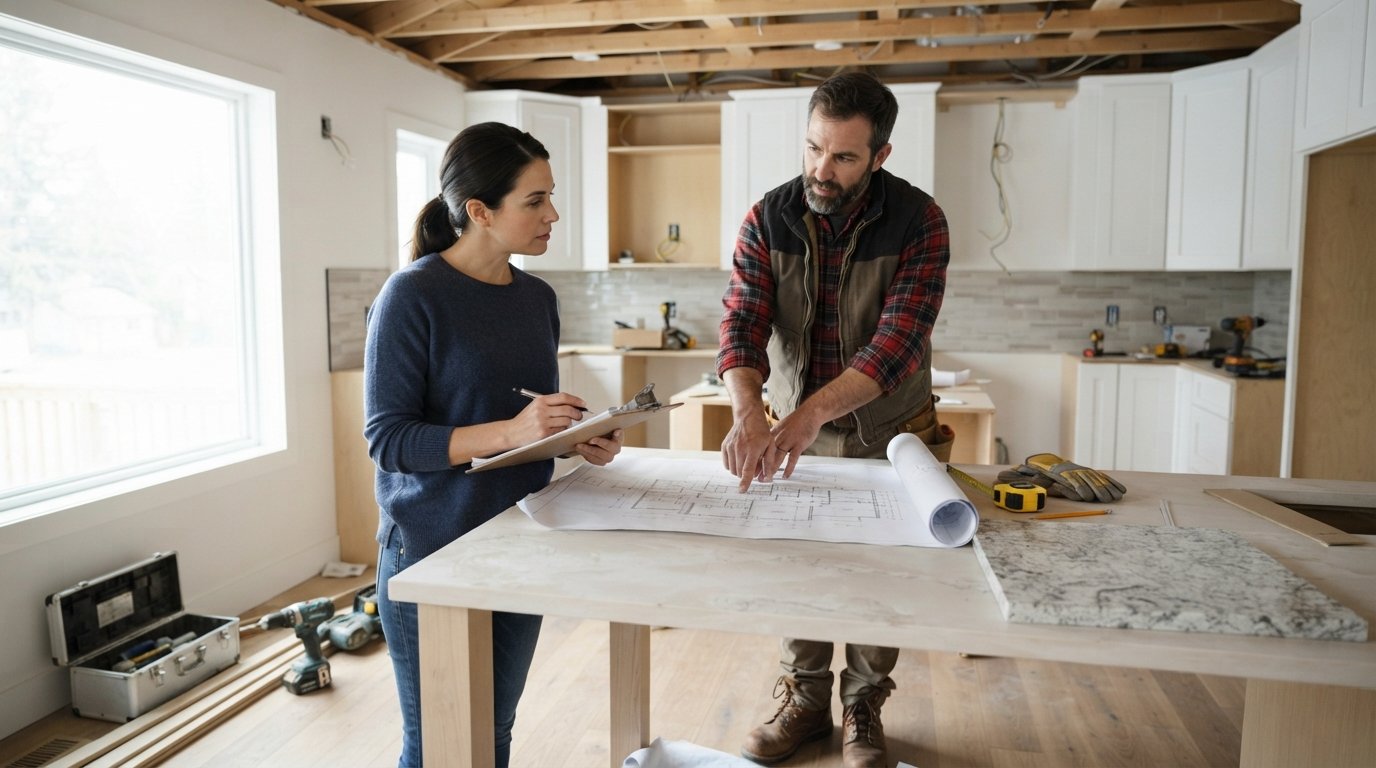 Homeowner with clipboard reviews a contract while contractor in plaid shirt points to blueprint on kitchen counter during…