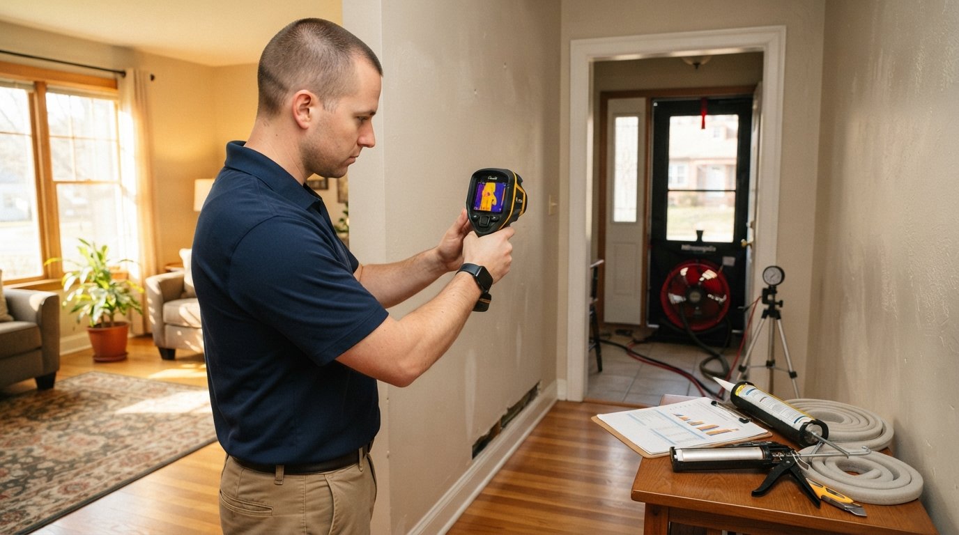 Auditor in navy polo using an infrared thermal camera on a living room wall, with a blower door unit in the doorway