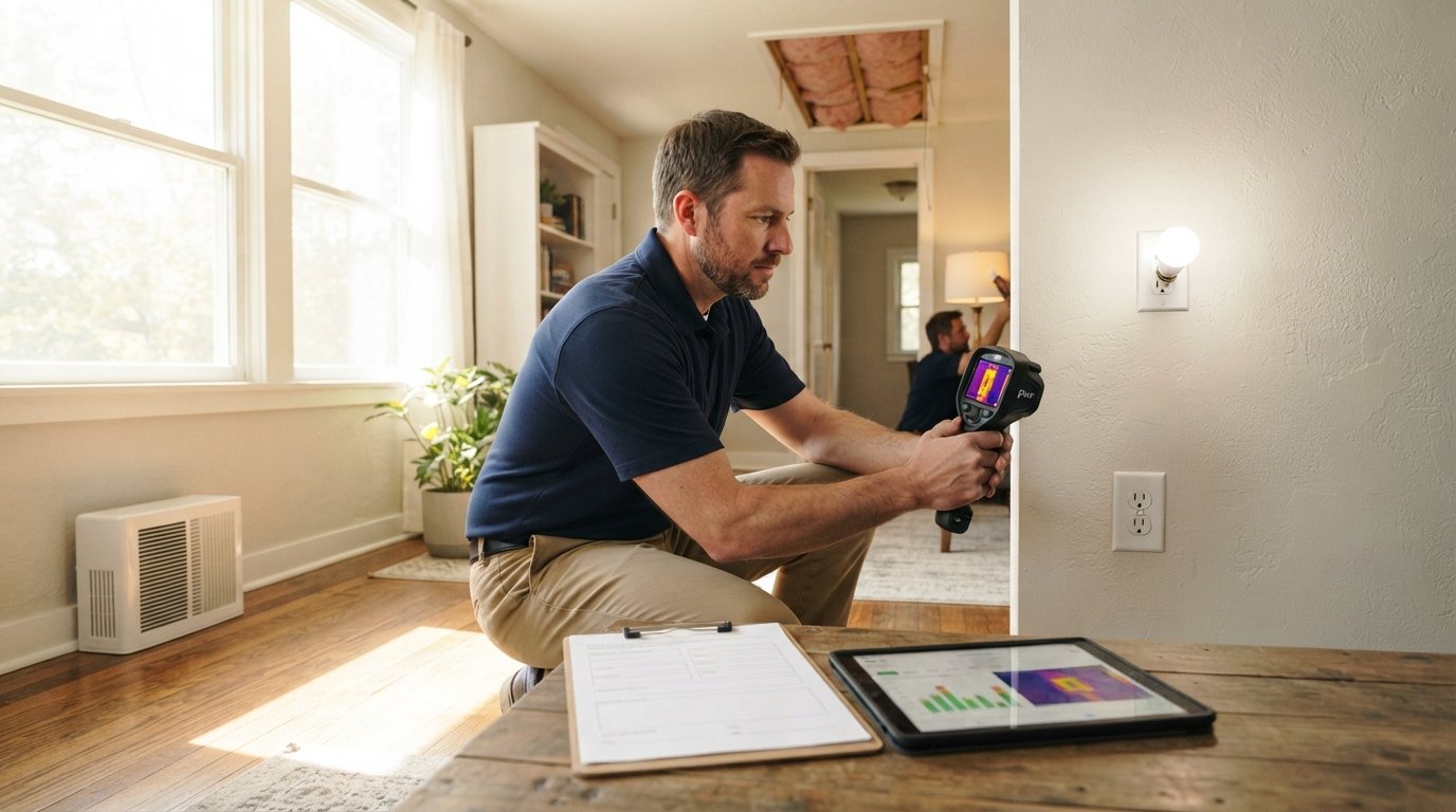 Home energy auditor in navy polo aims a thermal imaging camera at a wall outlet in a sunlit living room with a tablet and…