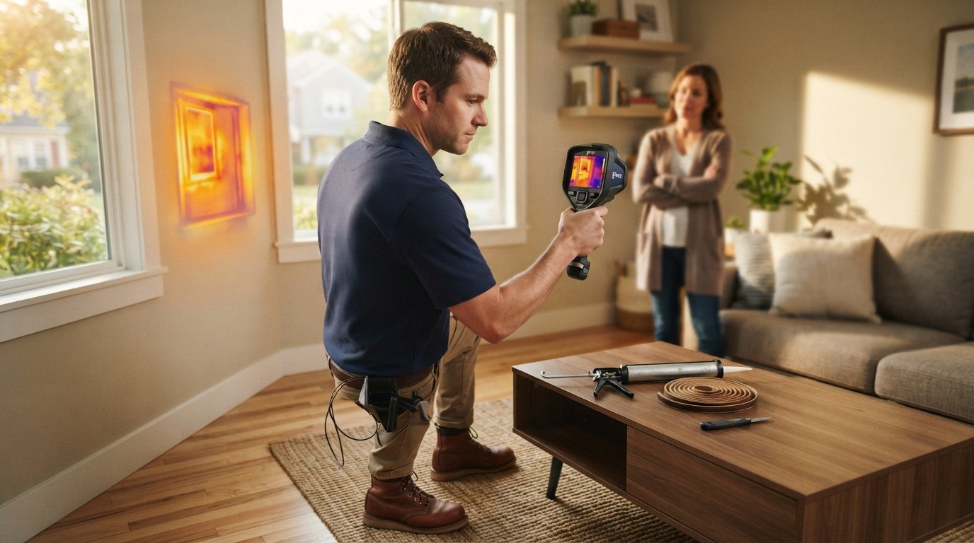 Energy auditor in navy polo uses thermal camera on living room wall, screen shows orange and yellow heat-loss patches;…