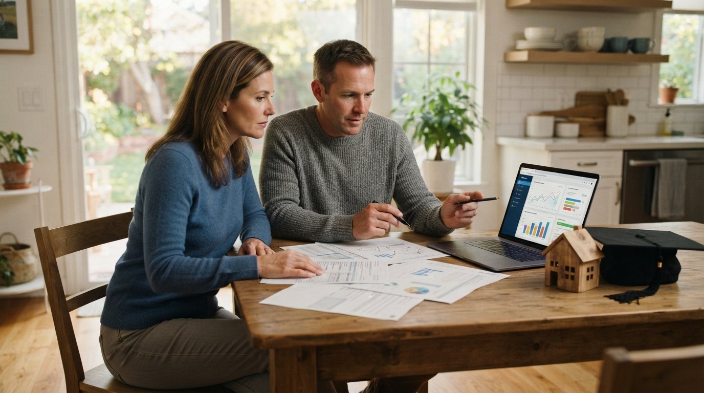 Mid-40s couple at a wooden kitchen table reviewing tuition paperwork beside a laptop, model house, and graduation cap