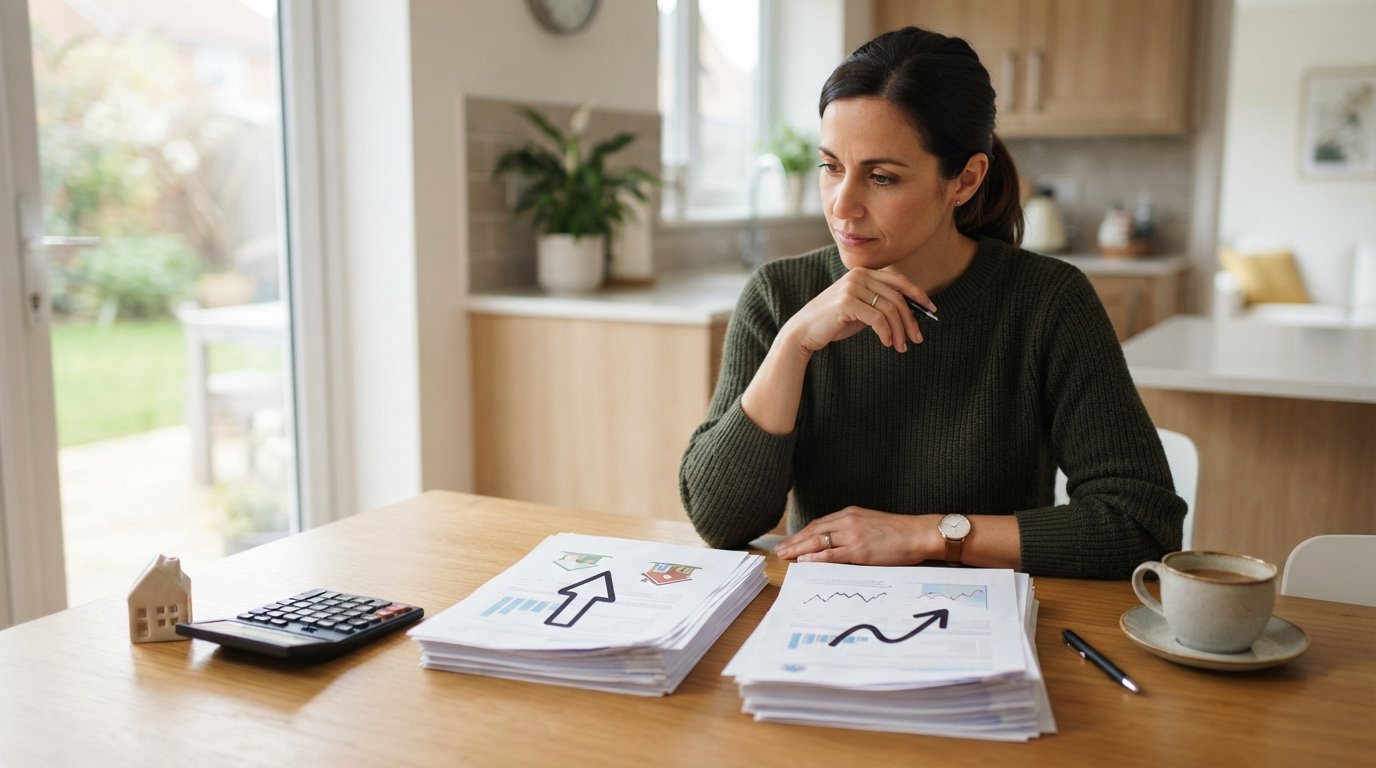 Homeowner at a kitchen table reviewing two stacks of mortgage documents, one marked with an upward arrow icon and the other…