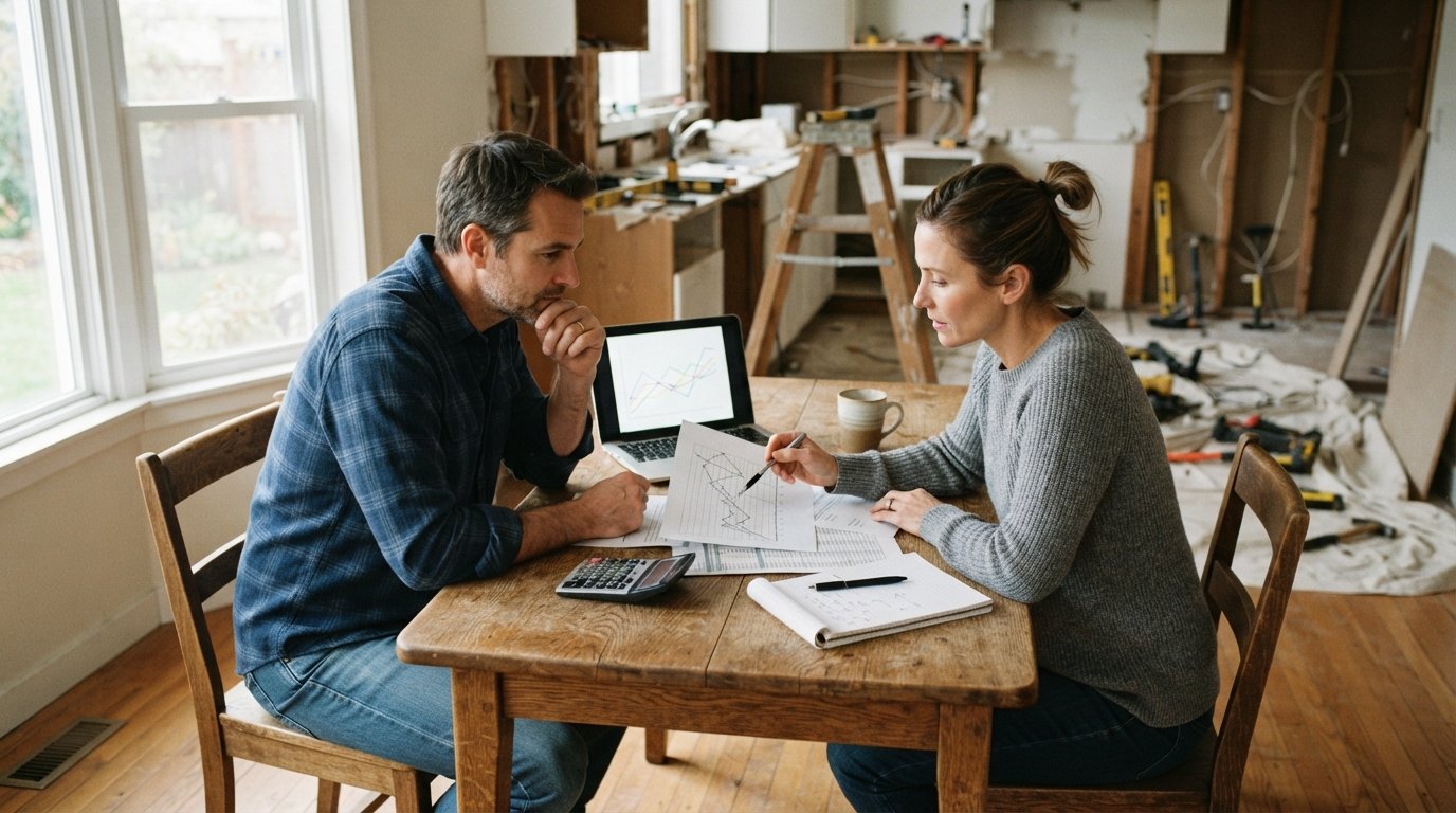 Couple in their 40s reviewing financial documents and a calculator at a kitchen table, with a laptop showing a home equity…