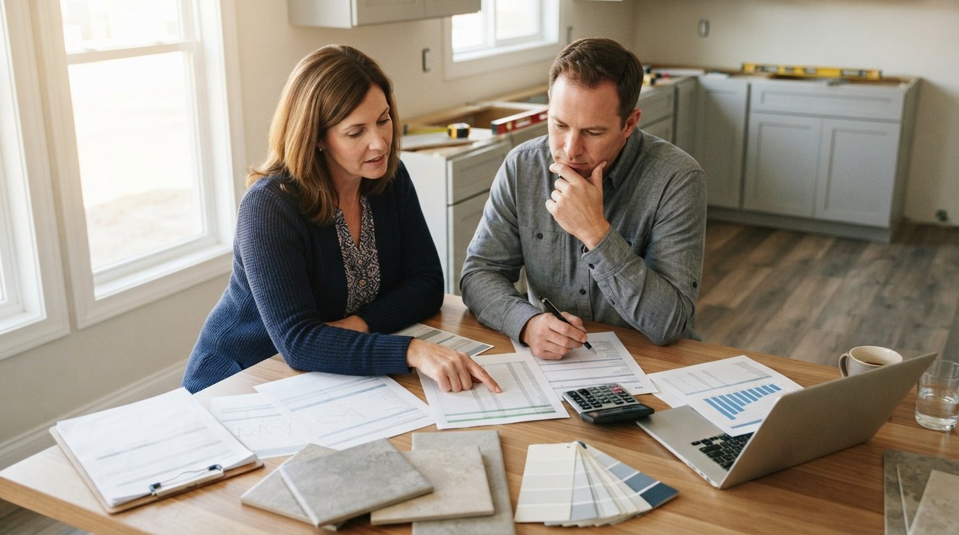 Couple at kitchen table reviewing loan documents, laptop charts, contractor quote, calculator, and tile samples
