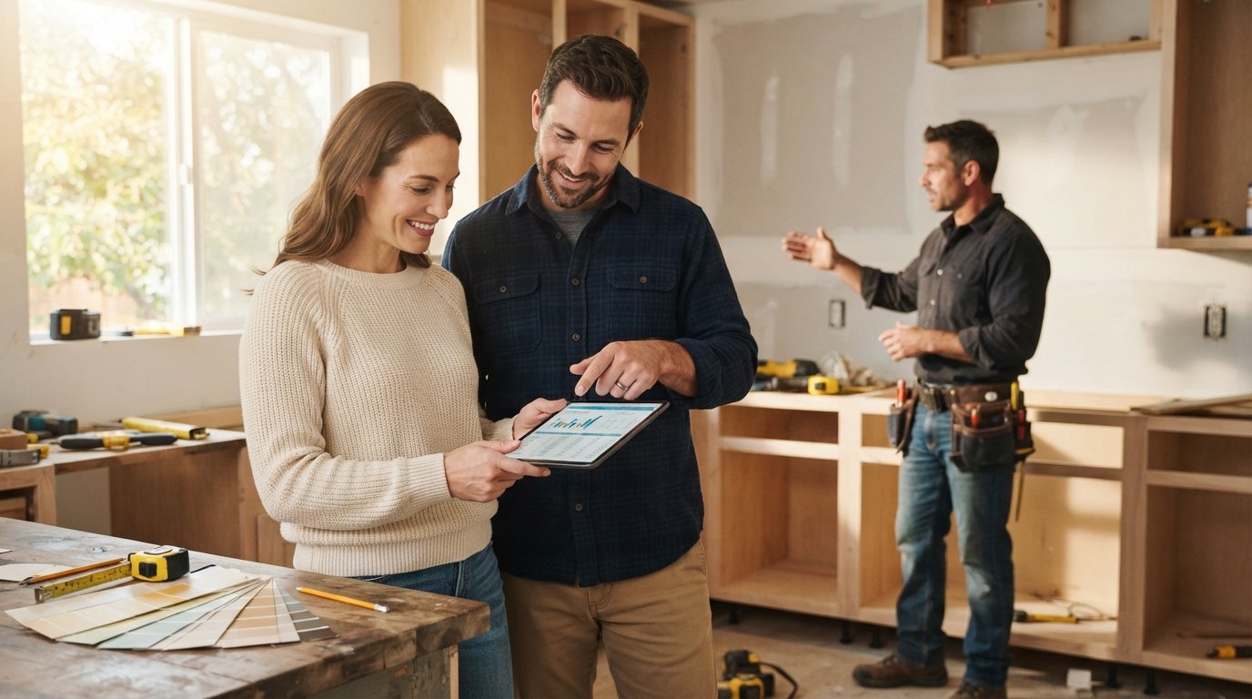 Couple in casual clothes reviewing a renovation budget on a tablet in a bright kitchen while a contractor points to…