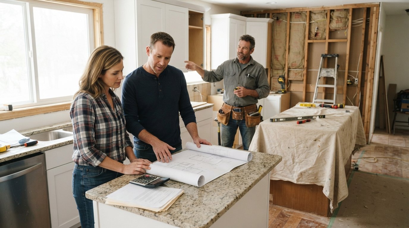 Couple at a granite countertop reviewing blueprints and financial documents while a contractor stands behind them in a…