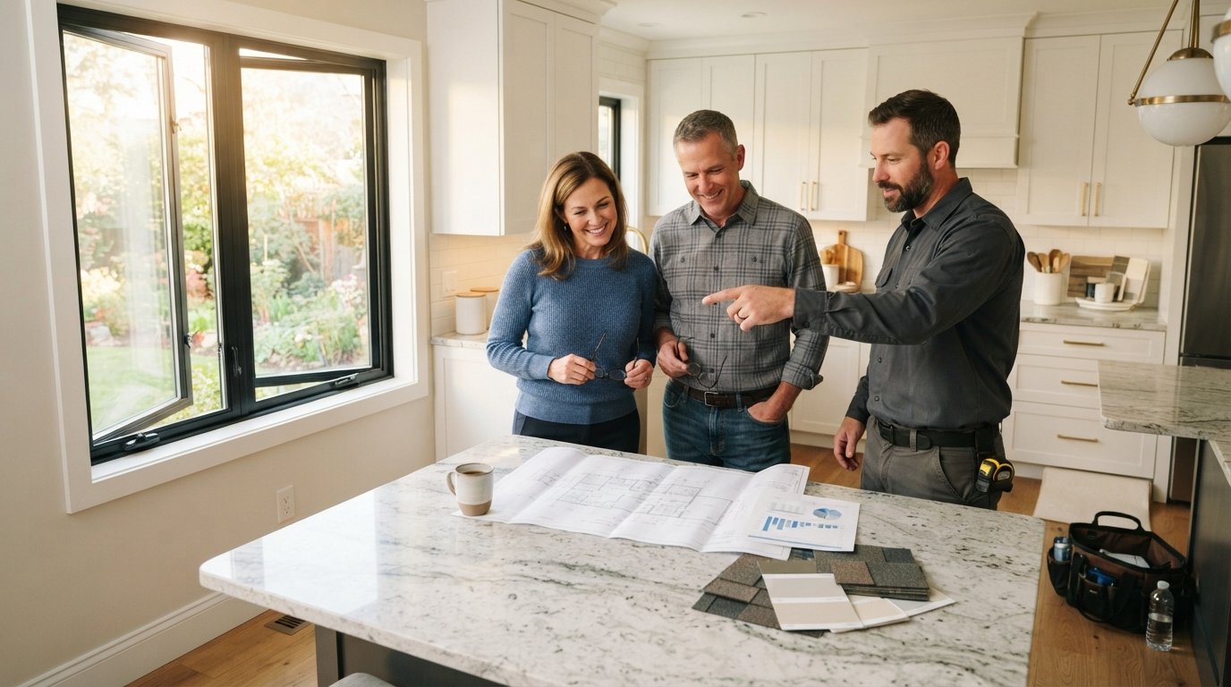 Middle-aged couple and contractor reviewing blueprints and loan documents on a granite countertop in a bright, renovated…