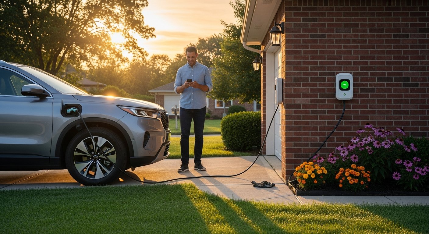 Man in plaid shirt holding smartphone beside silver electric SUV plugged into white wall-mounted Level 2 charger with…