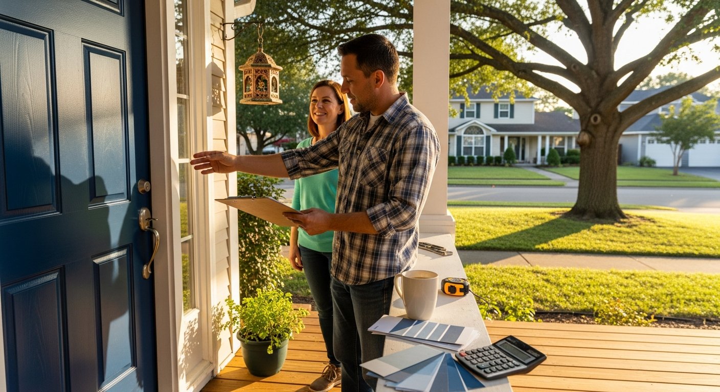 Contractor in plaid shirt and tool belt giving a clipboard to a smiling homeowner on a porch with a navy blue front door…