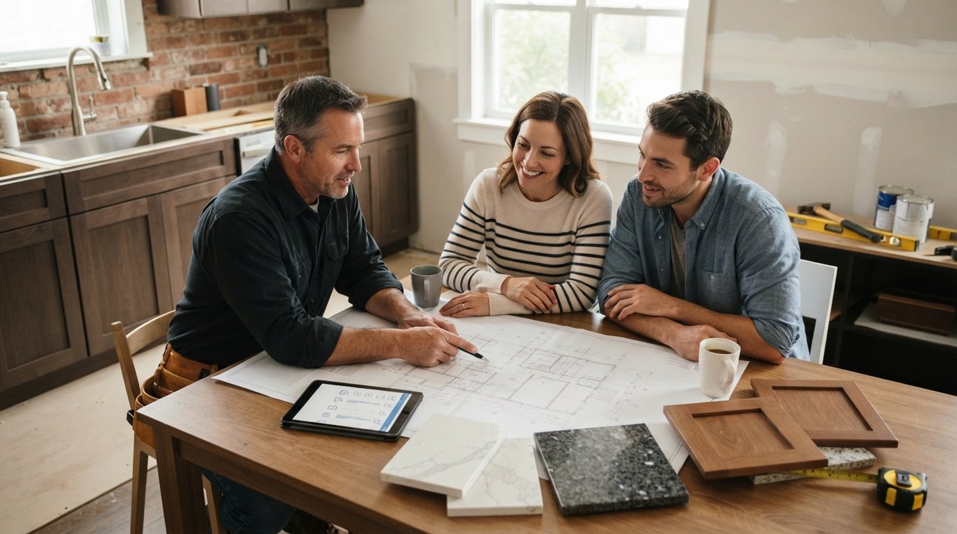 Couple and contractor reviewing blueprints, a tablet checklist, and stone swatches at a kitchen table beside a partially…