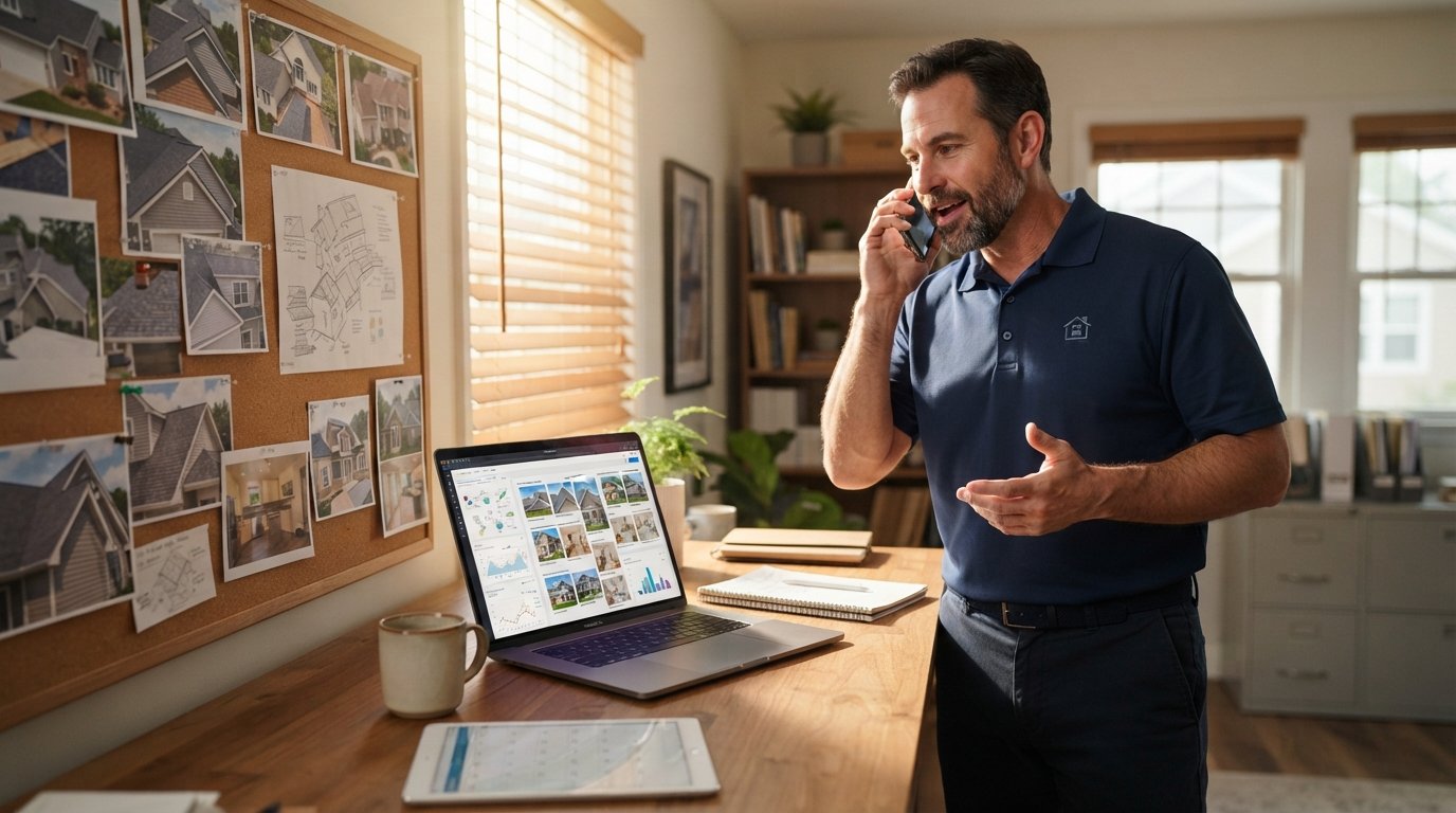 Contractor in navy polo holding phone to his ear beside a laptop showing incoming project requests and a corkboard of…