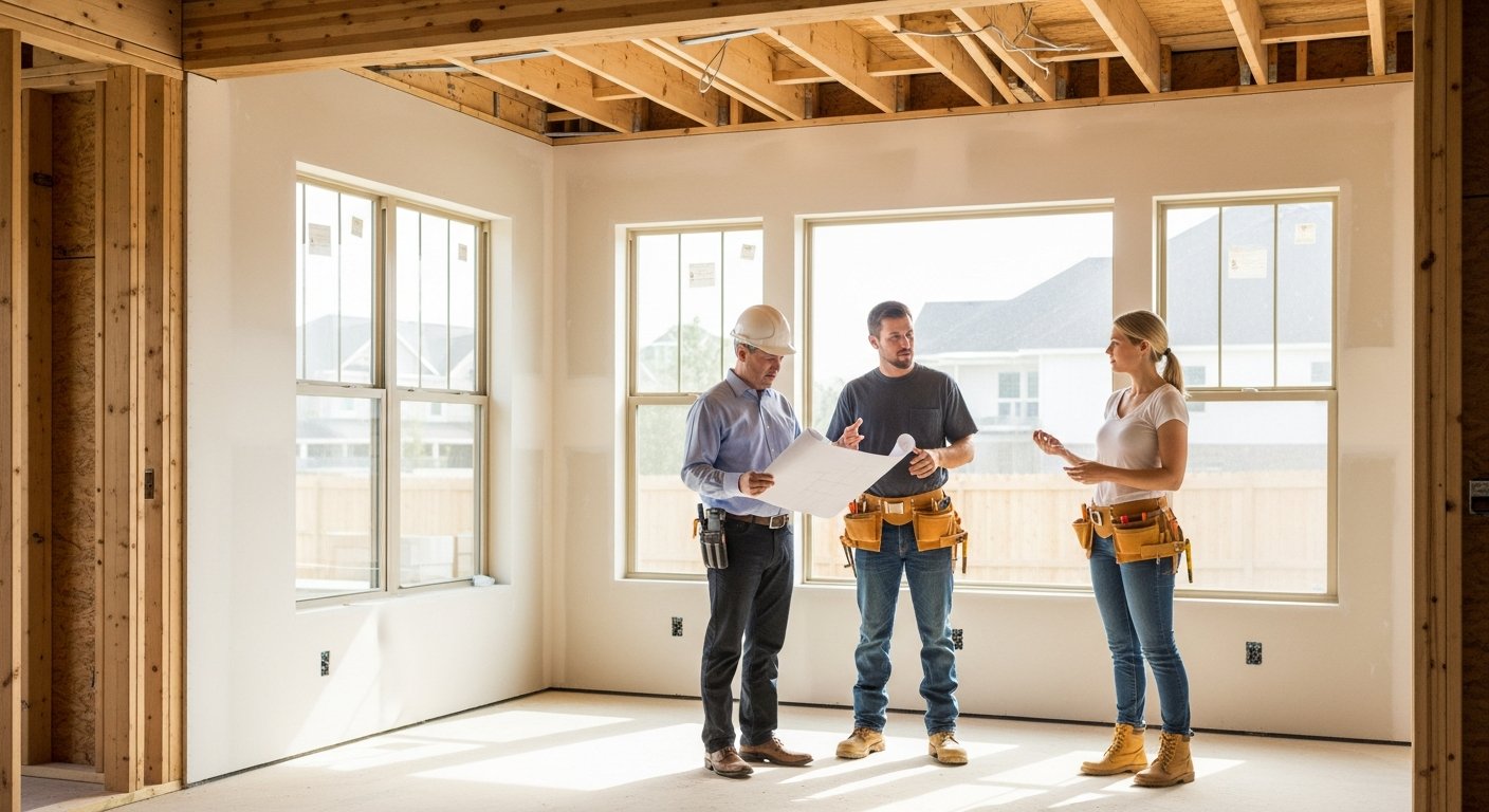 Project manager in white hard hat reviews blueprints on clipboard, contractor in tool belt gestures while explaining…