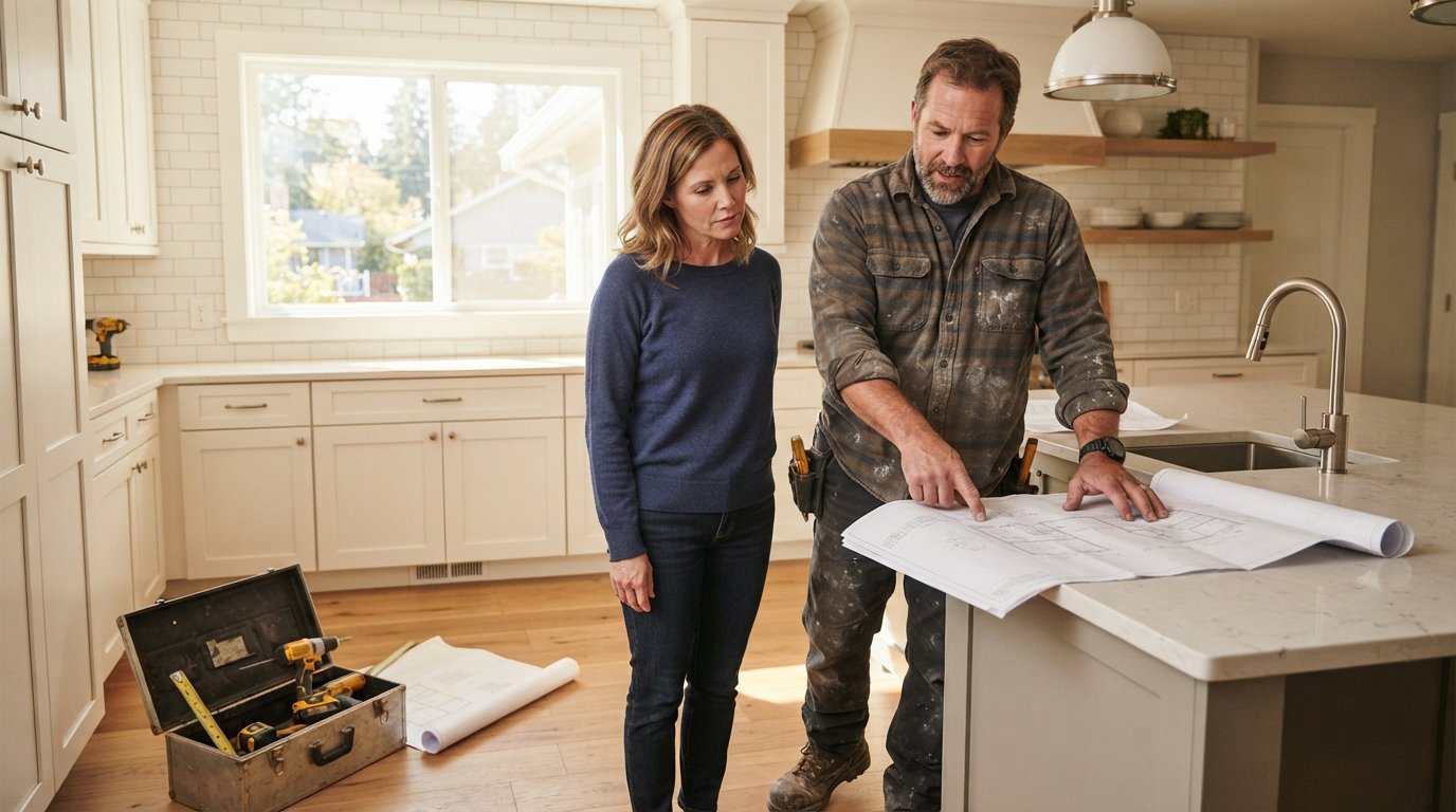 Contractor in flannel shirt and work boots points to blueprints on a kitchen counter while a homeowner looks on
