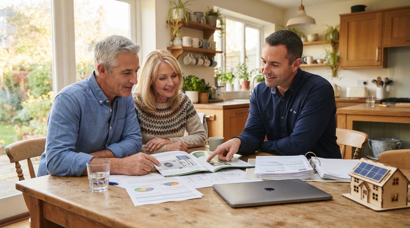 Couple reviewing energy upgrade documents and utility bills at a kitchen table with a contractor pointing to a heat pump…