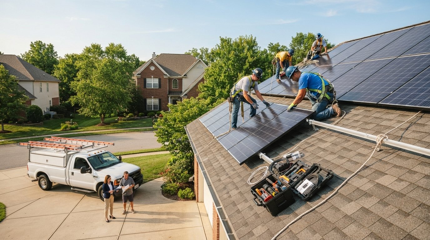 Solar installers in safety harnesses mount panels on a rooftop while a sales rep reviews a clipboard with a homeowner below