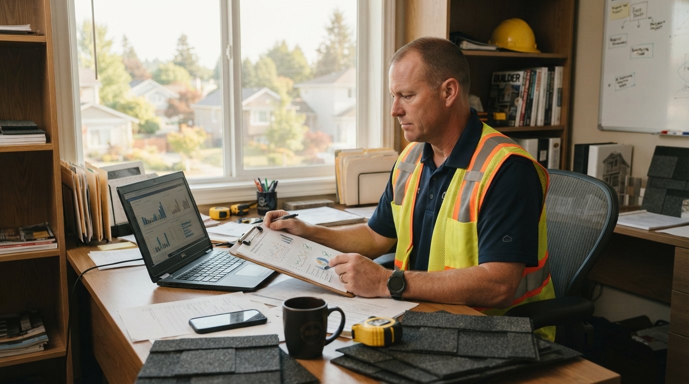 Contractor in safety vest at a desk comparing lead reports on a laptop and clipboard by a window overlooking houses