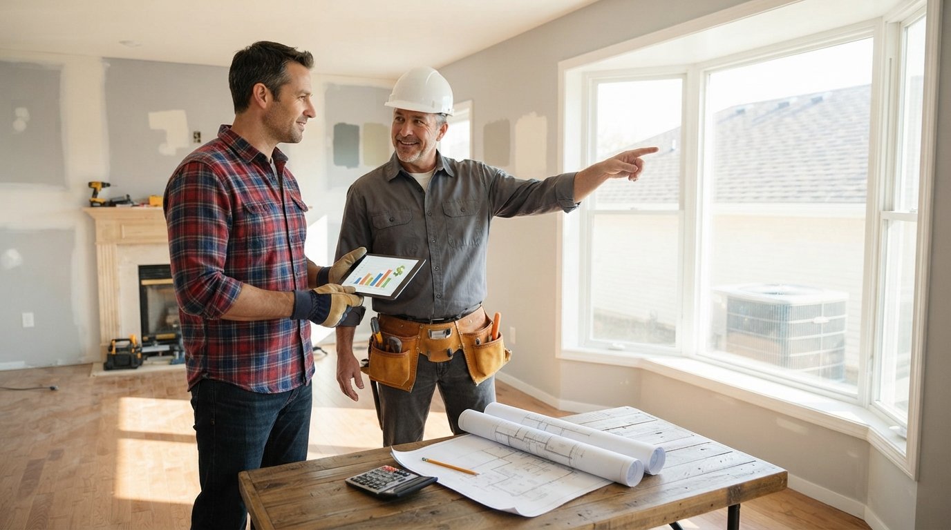 Homeowner holding tablet with loan chart while contractor points to new roof and HVAC through bay window