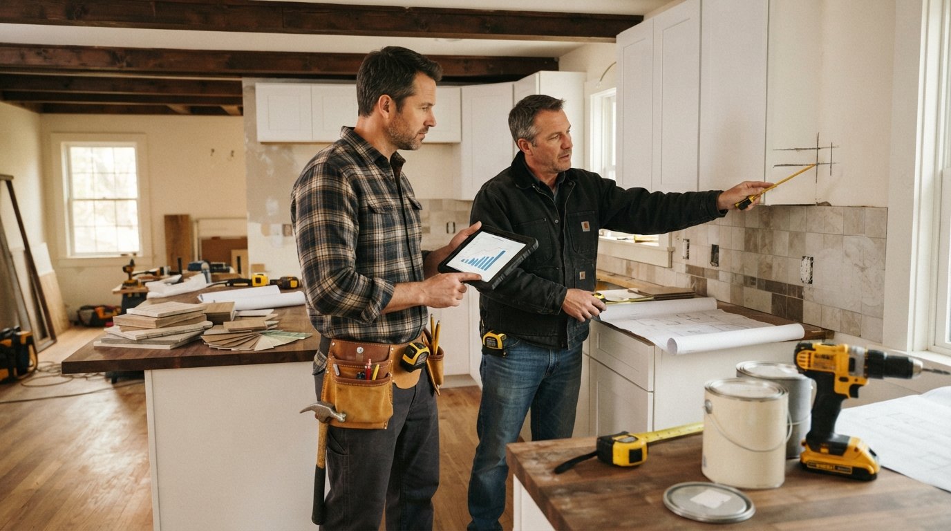 Homeowner in a tool belt shows a tablet with a loan comparison chart to a contractor in a half-renovated kitchen with new…