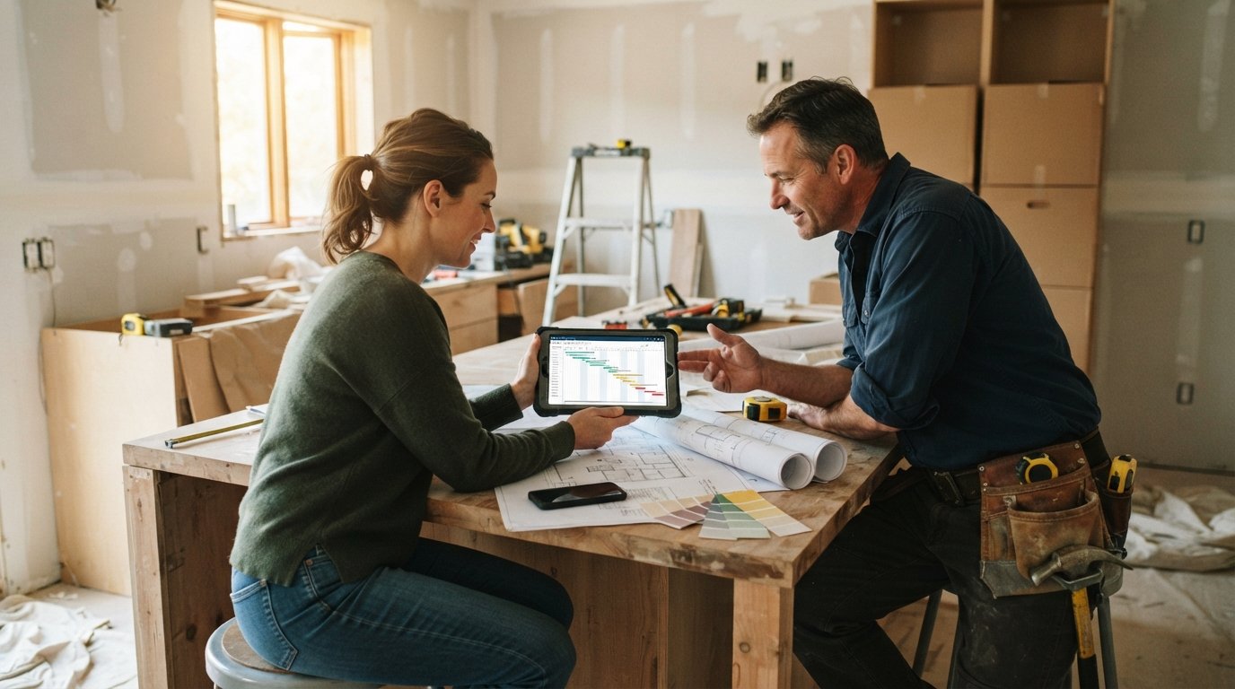 Homeowner and contractor sitting at a kitchen island reviewing a project timeline on a tablet, with floor plans, paint…