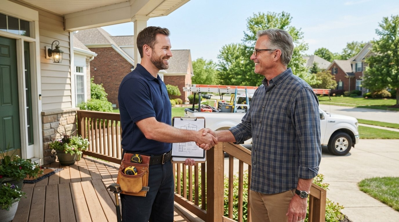 Contractor in navy polo and tool belt shakes hands with a homeowner on a suburban front porch, holding a clipboard and…