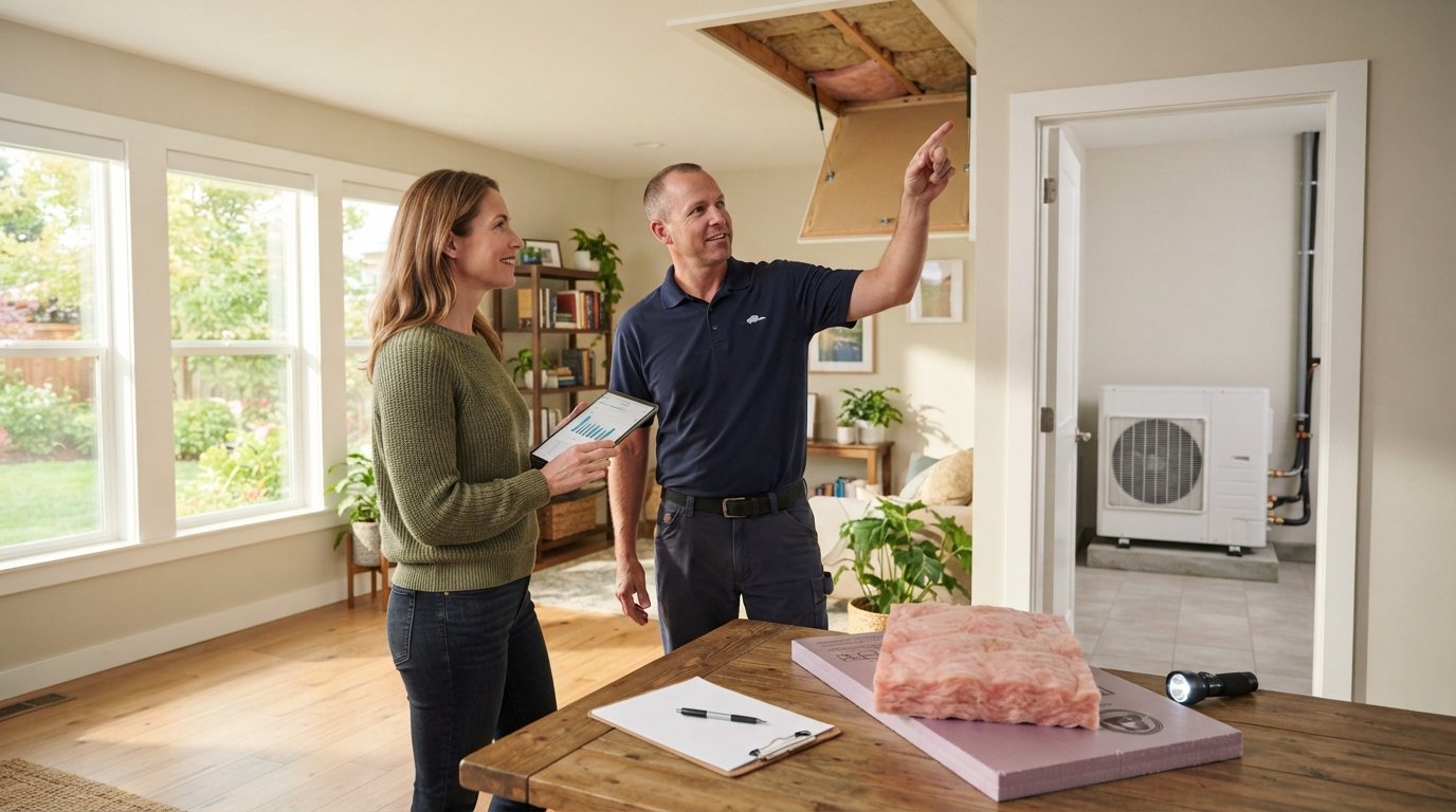 Homeowner holding a tablet with a utility bill while a contractor in a navy polo points toward new attic insulation in a…