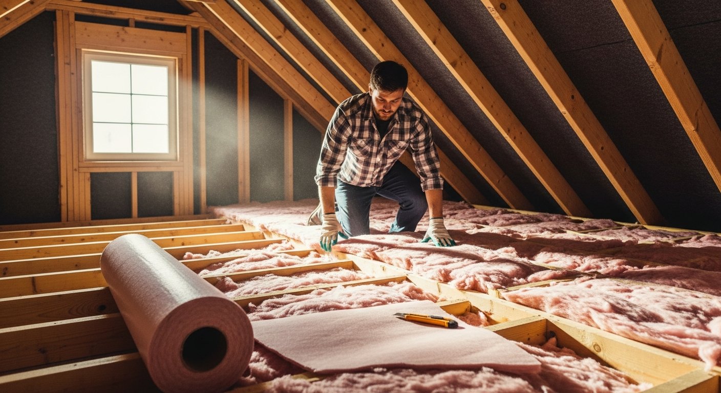Contractor in plaid shirt and work gloves placing pink fiberglass insulation between wooden attic joists, with a utility…