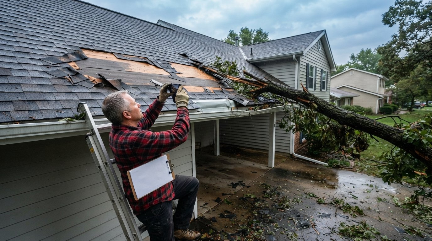 Man on ladder photographs missing shingles and dented gutter after storm