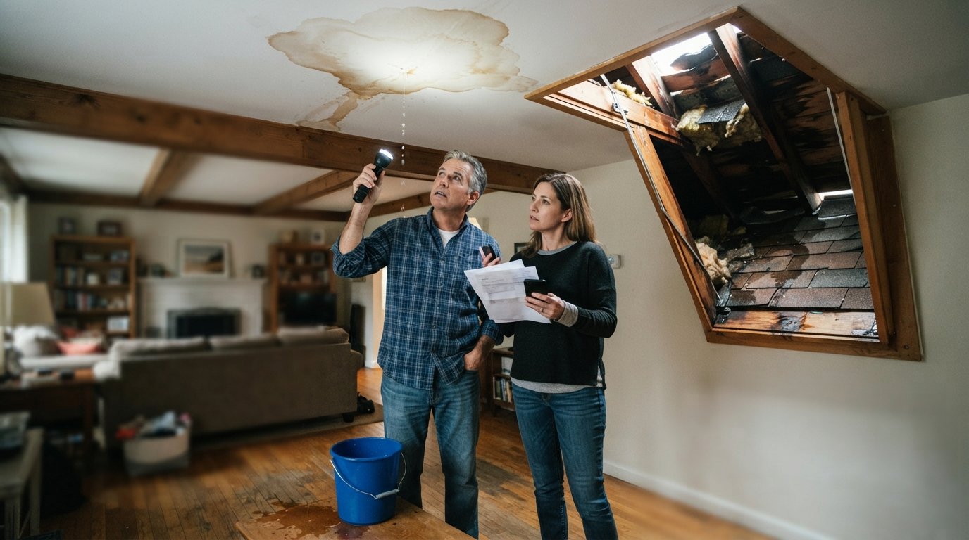 Homeowner with flashlight looking at a brown water stain on a living room ceiling as a woman holds insurance paperwork near…