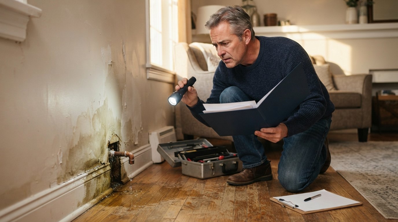 Worried homeowner kneeling by a water-stained living room wall, shining a flashlight on a pipe leak with a policy folder…