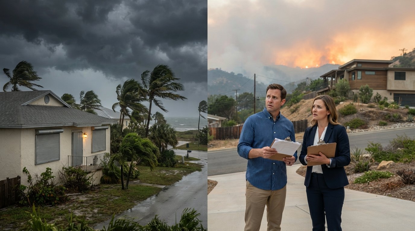 Homeowner and insurance agent review paperwork on a driveway between a storm-shuttered coastal home and a hillside house…